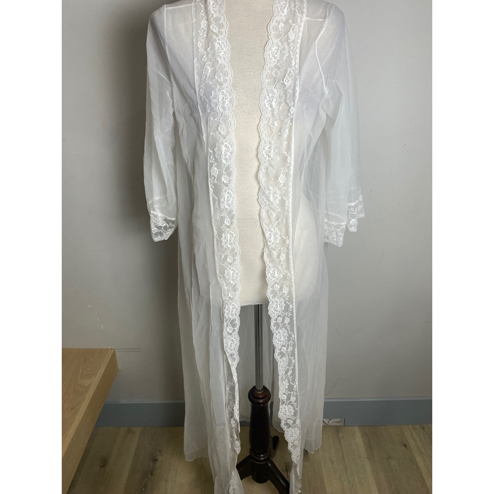 Vintage 60s 70s Lara Lingerie White Sheer Lace Trim Long Robe Peignoir Medium
